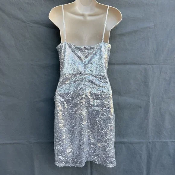 Lulu's Size M Silver Sequin Spaghetti Strap Party Mini Dress Draped V-Neck - Picture 2 of 6